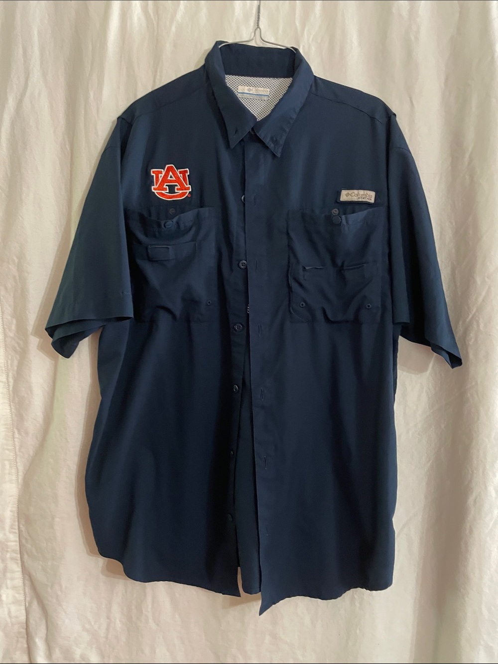 Columbia Navy Short Sleeve Button-Down Shirt with Auburn Logo